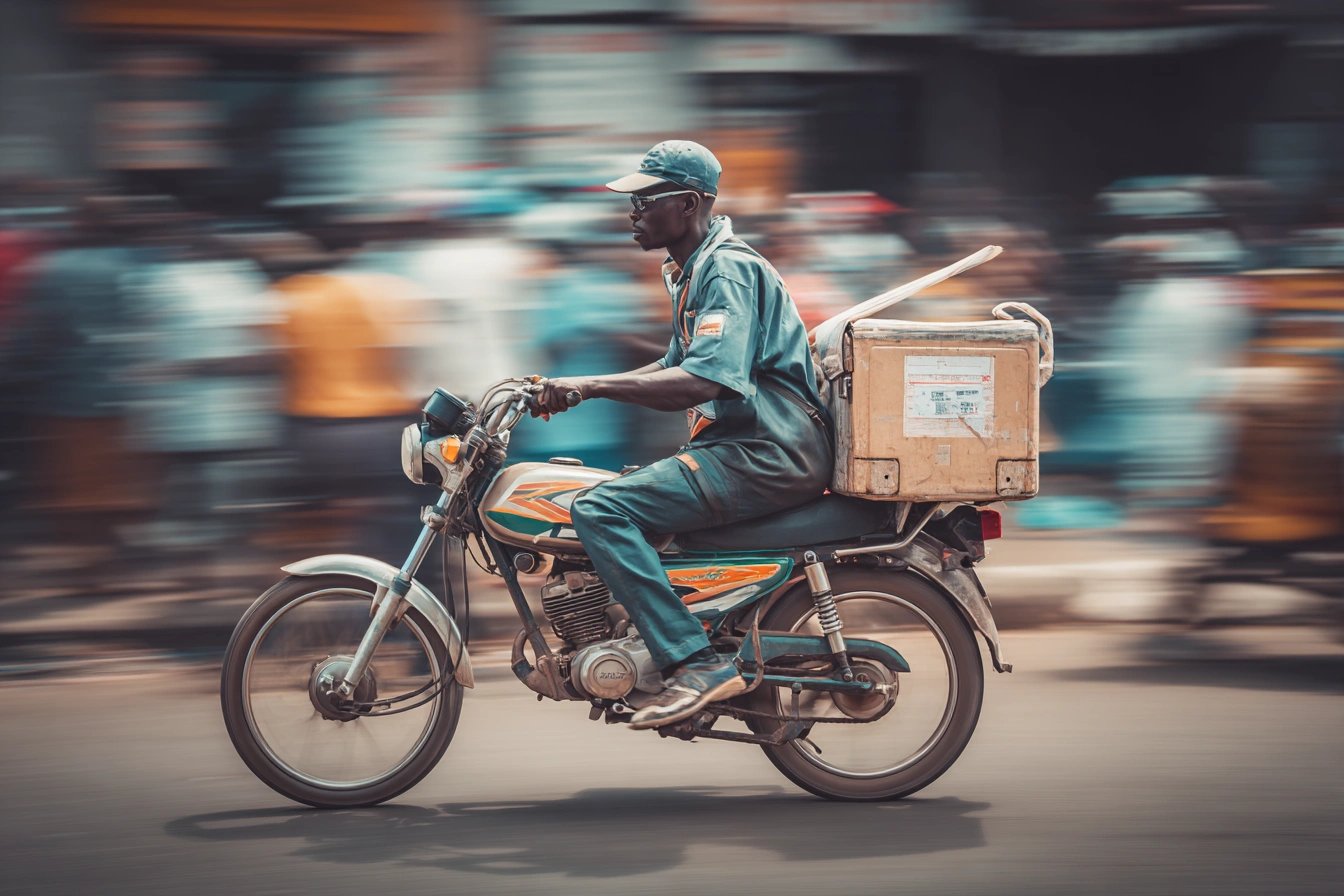 A person on a delivery motorcycle