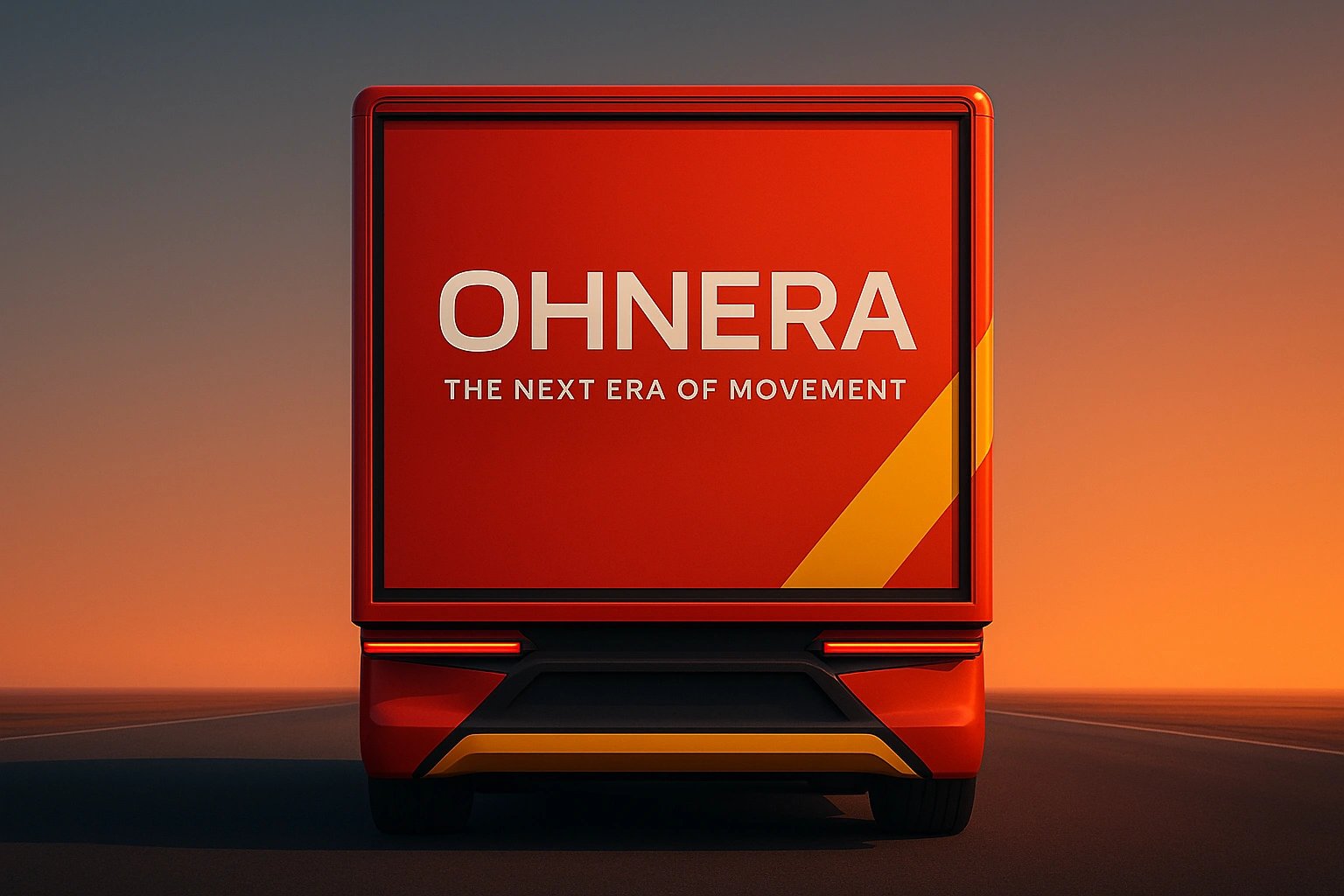 A red truck with Ohnera logo on a road at sunset
