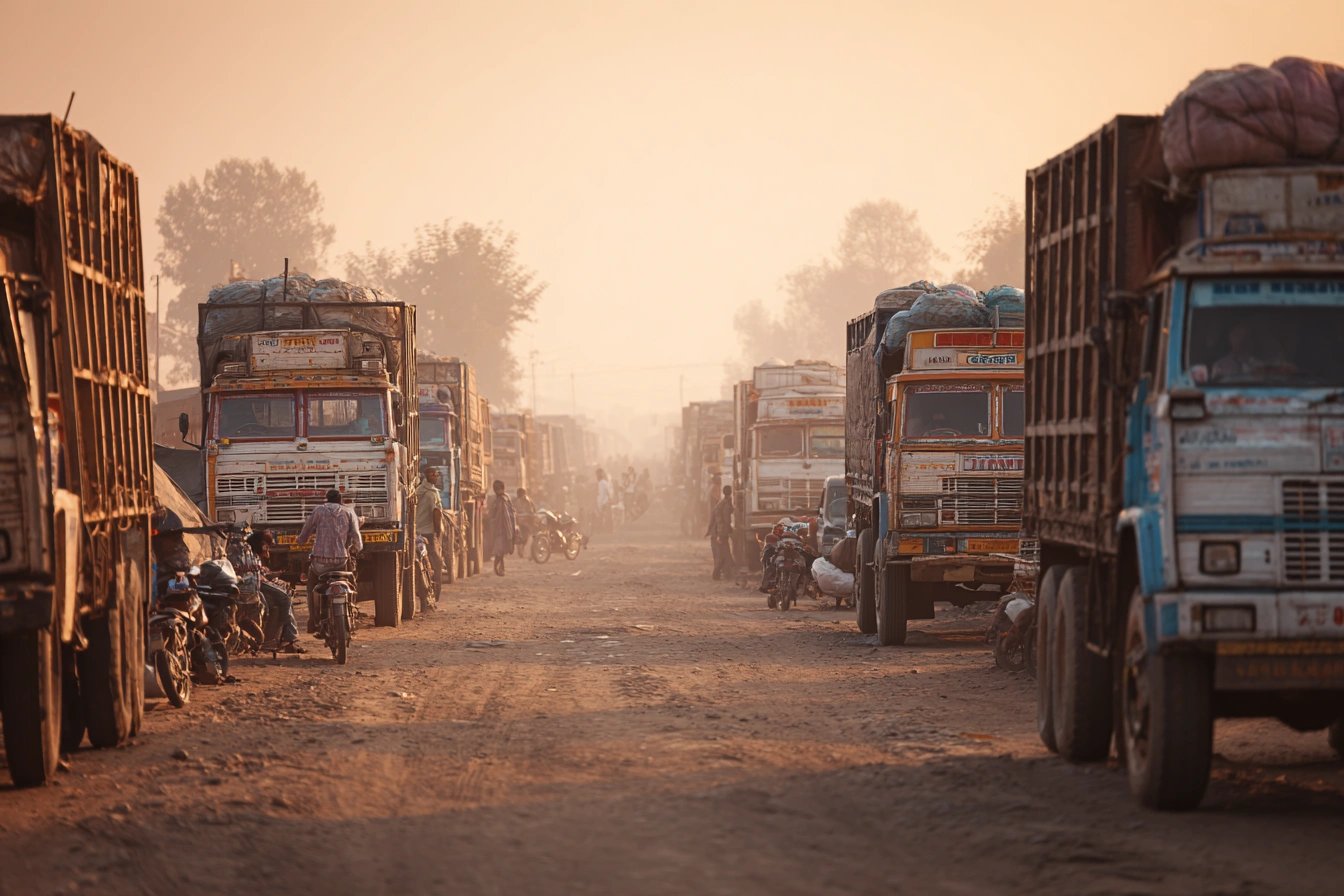 Cargo trucks in a dusty environment