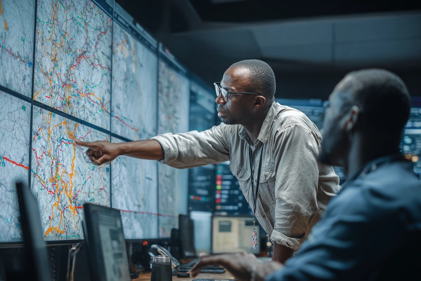 Team collaborating over a map