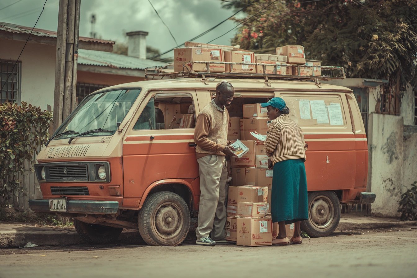 People unloading goods from a van